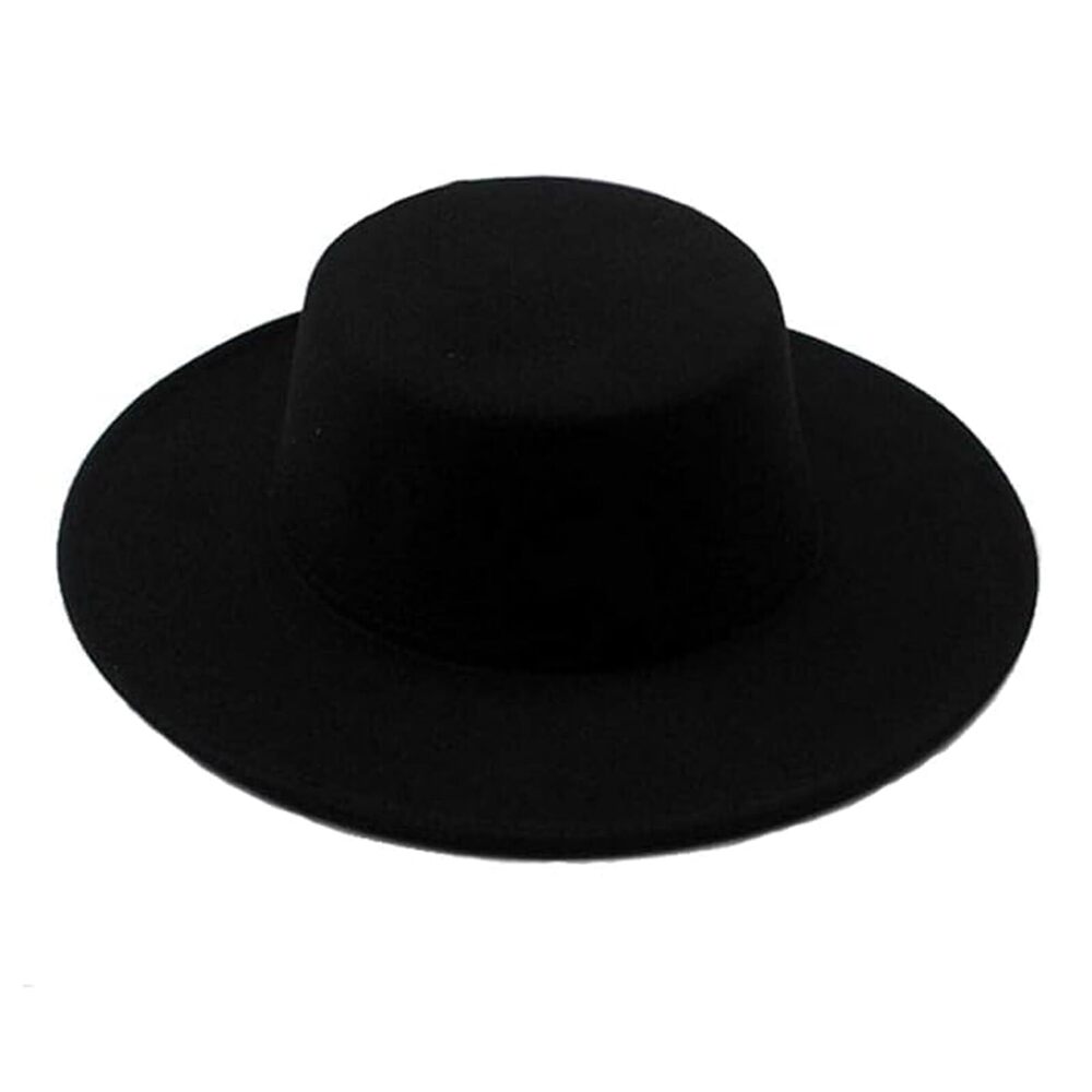 4482 1PCS Black Classic Flat Top Blend Fedora Hat Brim Church Derby Cap